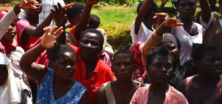 A group of Malawians, mainly womne, raising their hands